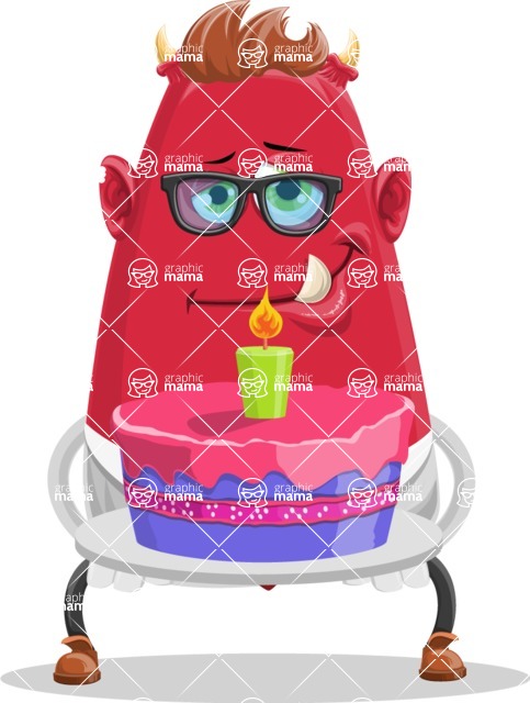 Business Monster Cartoon Character - Business Monster Cartoon Vector with Birthday Cake